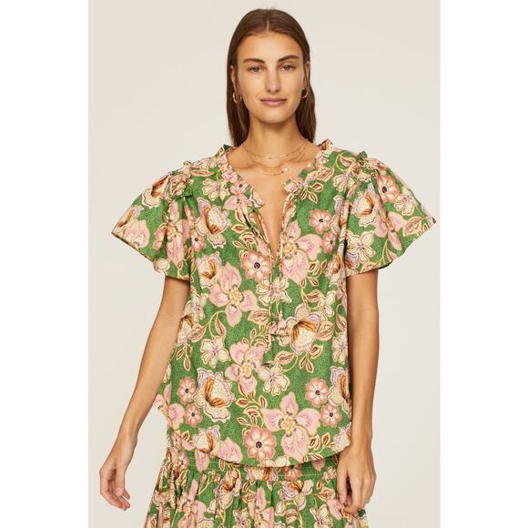 MISA Suparna Green Floral Print Cap Sleeve Tie Neck Peasant Blouse Size Large - Picture 2 of 14